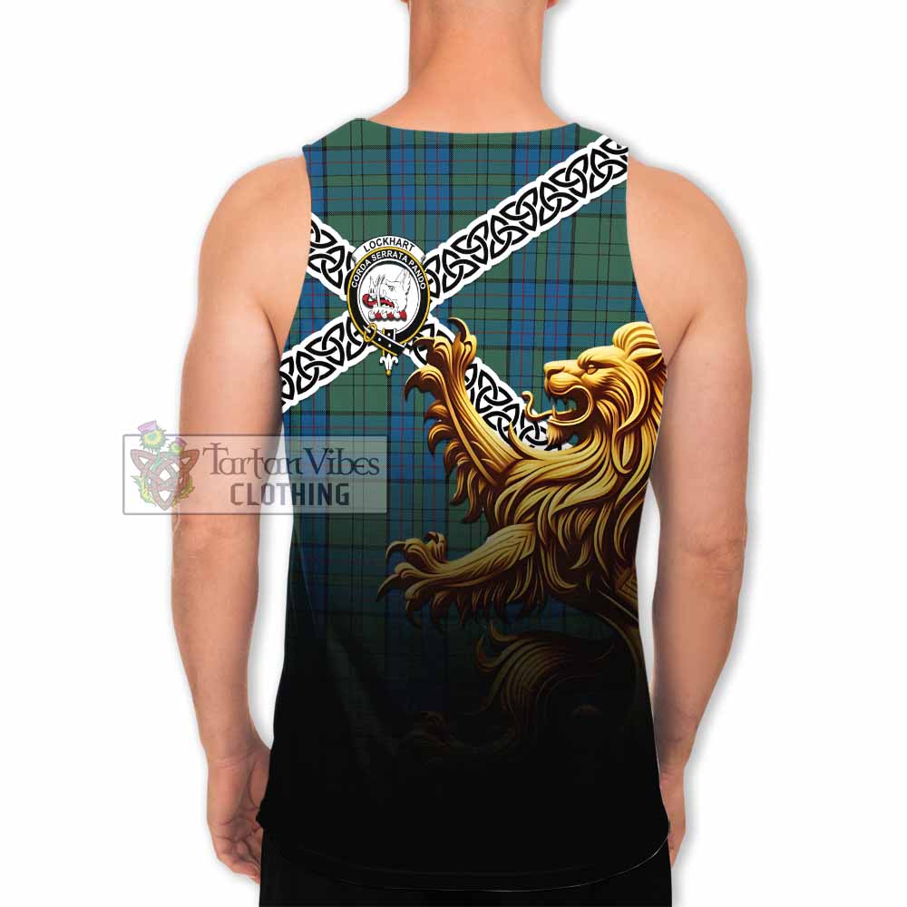 Lockhart Crest Tartan Men's Tank Top with Golden Lion Emblem Celtic Style - Tartan Vibes Clothing