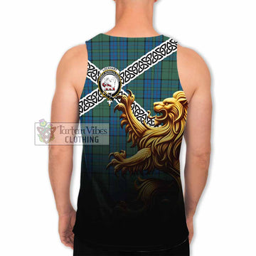 Lockhart Crest Tartan Men's Tank Top with Golden Lion Emblem Celtic Style - Tartan Vibes Clothing