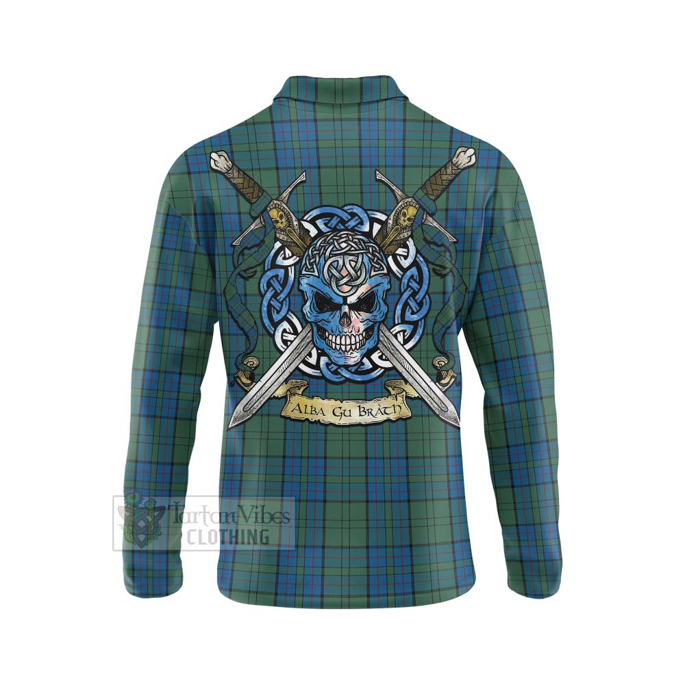 Lockhart Tartan Long Sleeve Polo Shirt with Family Crest Celtic Skull Style - Tartan Vibes Clothing