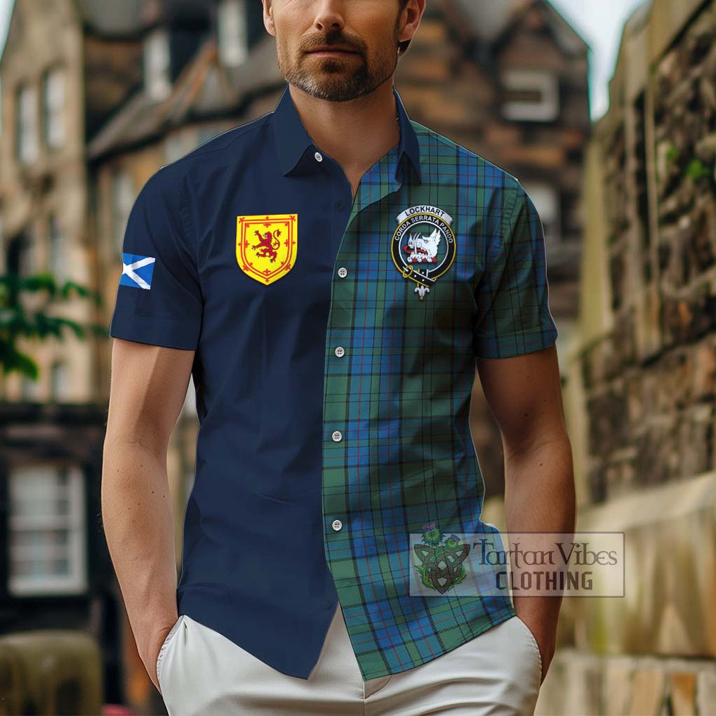 Lockhart Tartan Hawaiian Shirt Alba with Scottish Lion Royal Arm Half Style - Tartan Vibes Clothing