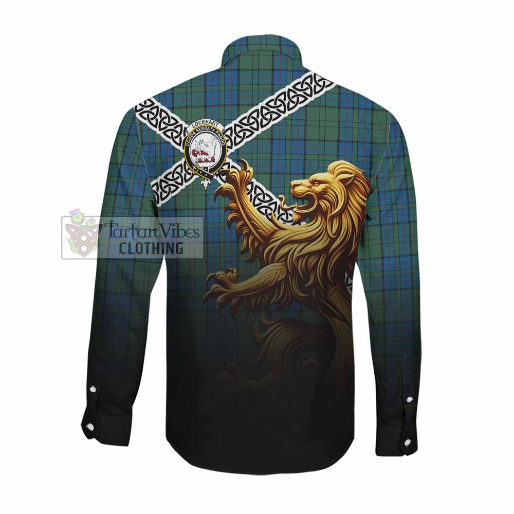 Lockhart Crest Tartan Long Sleeve Button Shirt with Golden Lion Emblem Celtic Style Men's Shirt - Tartan Vibes Clothing