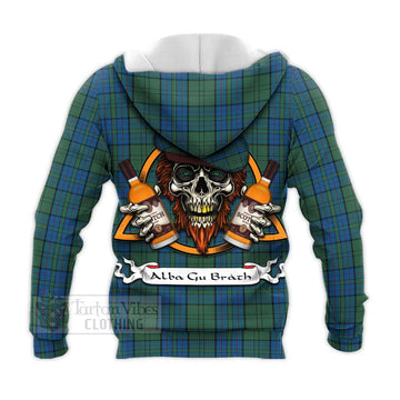 Lockhart Tartan Knitted Hoodie with Family Crest and Bearded Skull Holding Bottles of Whiskey - Tartan Vibes Clothing