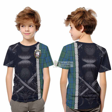 Lockhart Tartan Kid T-Shirt with Family Crest Cross Sword Thistle Celtic Vibes - Tartan Vibes Clothing