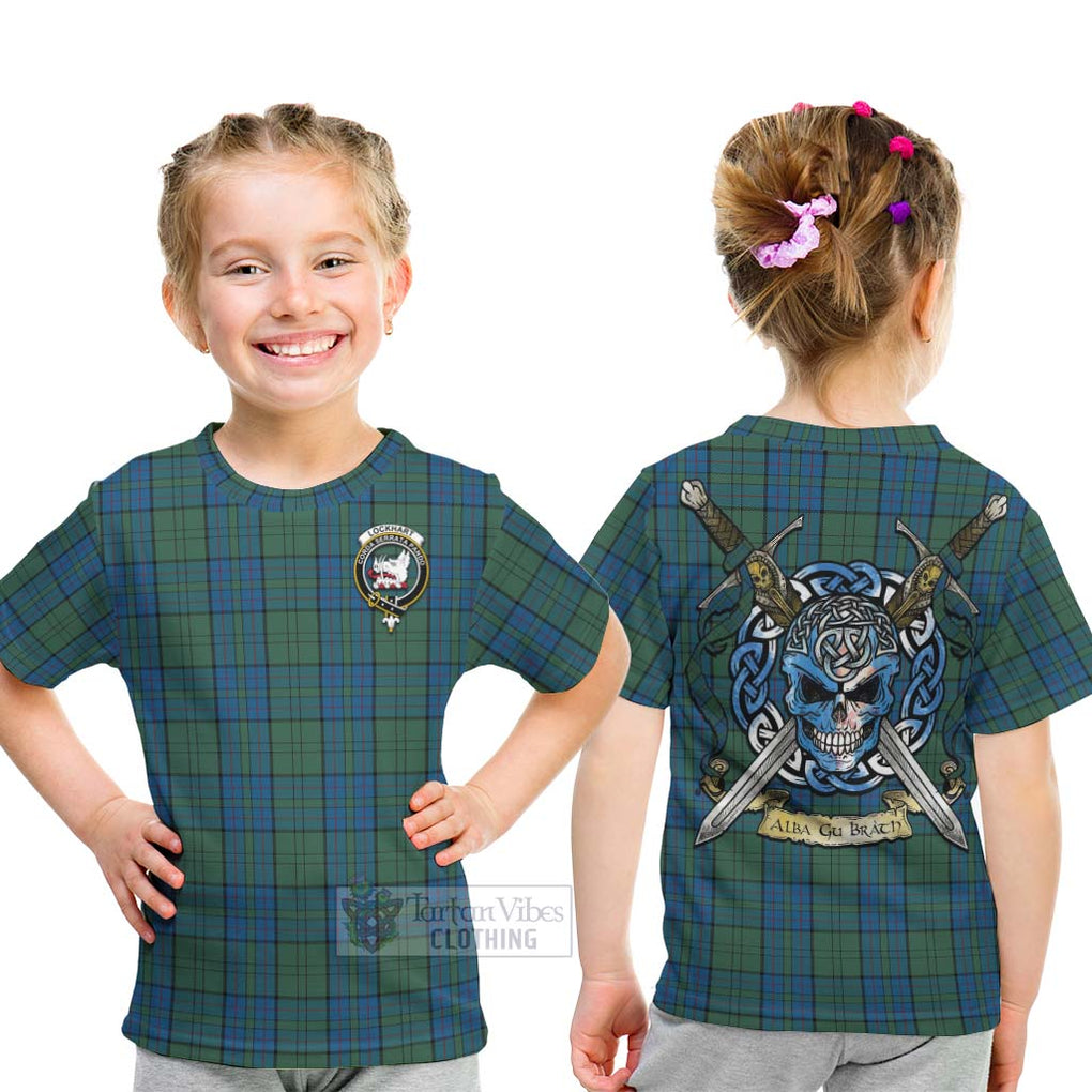 Lockhart Tartan Kid T-Shirt with Family Crest Celtic Skull Style - Tartan Vibes Clothing