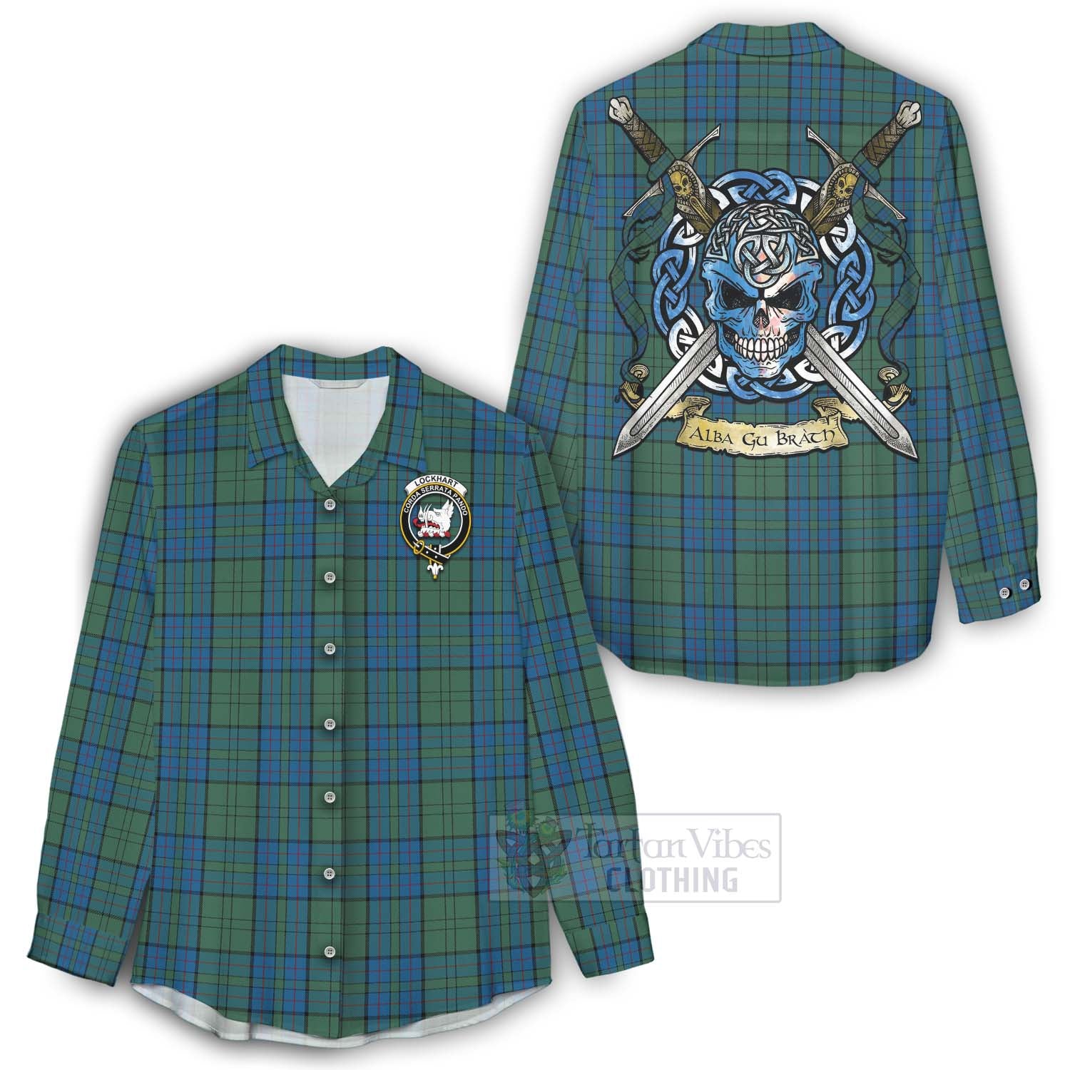 Lockhart Tartan Women's Casual Shirt with Family Crest Celtic Skull Style - Tartan Vibes Clothing