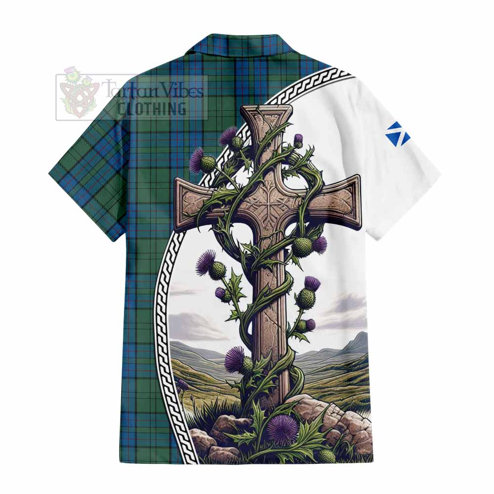 Lockhart Tartan Hawaiian Shirt with Family Crest and St. Andrew's Cross Accented by Thistle Vines - Tartan Vibes Clothing