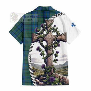 Lockhart Tartan Hawaiian Shirt with Family Crest and St. Andrew's Cross Accented by Thistle Vines - Tartan Vibes Clothing