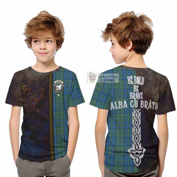 Lockhart Tartan Family Crest Kid T-Shirt Alba Gu Brath Be Brave Lion Ancient Style - Tartan Vibes Clothing