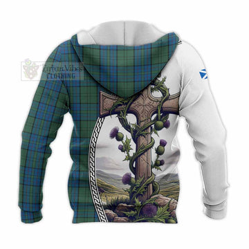 Lockhart Tartan Knitted Hoodie with Family Crest and St. Andrew's Cross Accented by Thistle Vines - Tartan Vibes Clothing