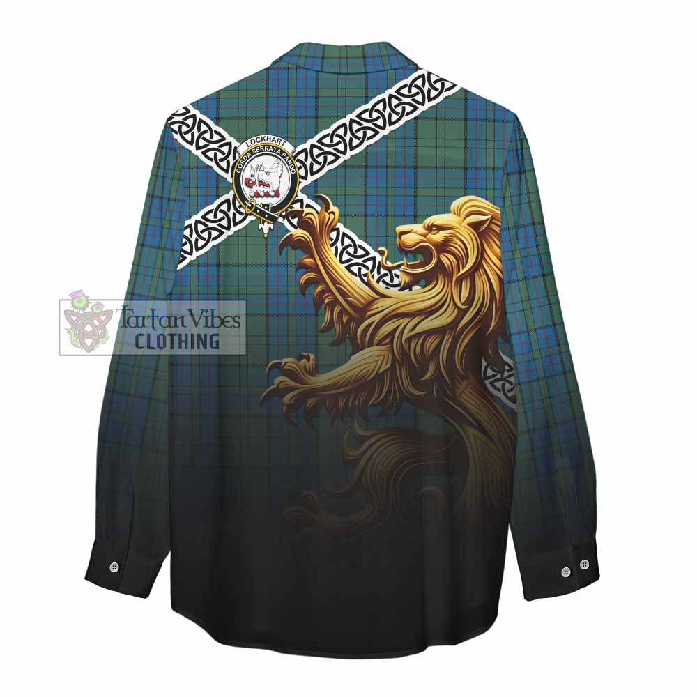 Lockhart Crest Tartan Women's Casual Shirt with Golden Lion Emblem Celtic Style - Tartan Vibes Clothing