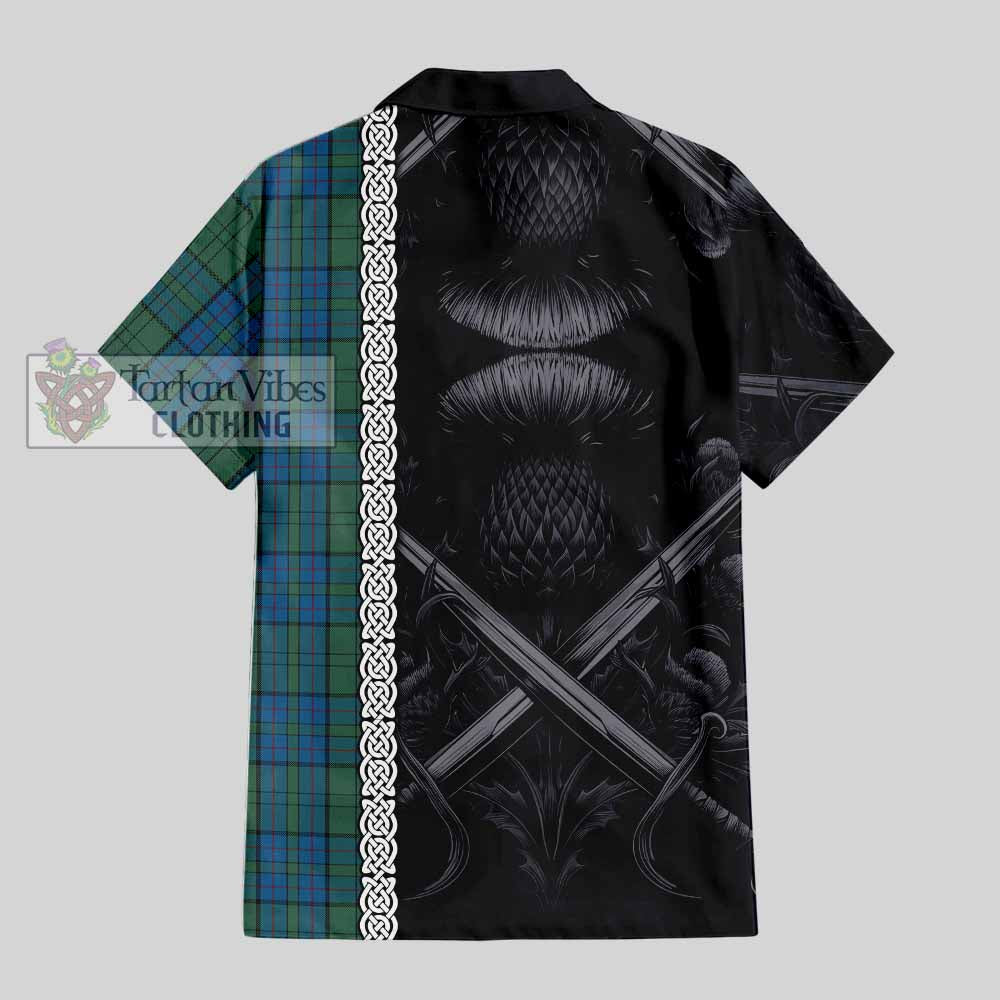 Lockhart Tartan Hawaiian Shirt with Family Crest Cross Sword Thistle Celtic Vibes - Tartan Vibes Clothing