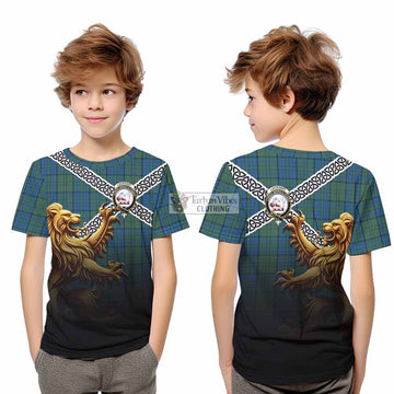 Lockhart Crest Tartan Kid T-Shirt with Golden Lion Emblem Celtic Style - Tartan Vibes Clothing
