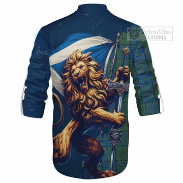 Lockhart Tartan Family Crest Ghillie Kilt Shirt with Scottish Majestic Lion - Tartan Vibes Clothing