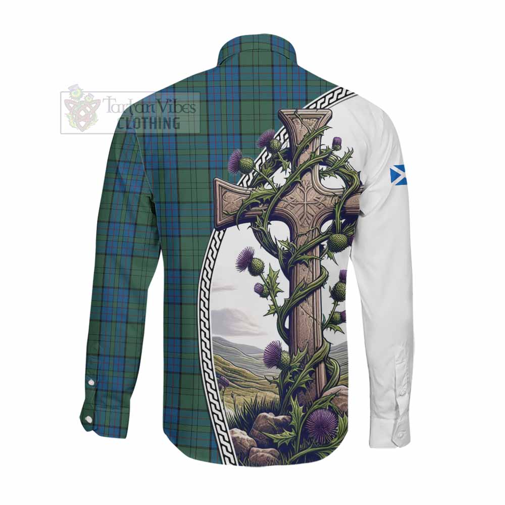 Lockhart Tartan Long Sleeve Button Shirt with Family Crest and St. Andrew's Cross Accented by Thistle Vines Men's Shirt - Tartan Vibes Clothing