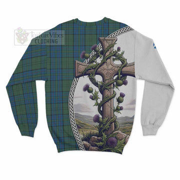 Lockhart Tartan Sweatshirt with Family Crest and St. Andrew's Cross Accented by Thistle Vines - Tartan Vibes Clothing