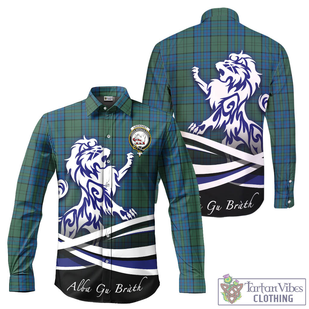 Lockhart Tartan Long Sleeve Button Up Shirt with Alba Gu Brath Regal Lion Emblem - Tartan Vibes Clothing
