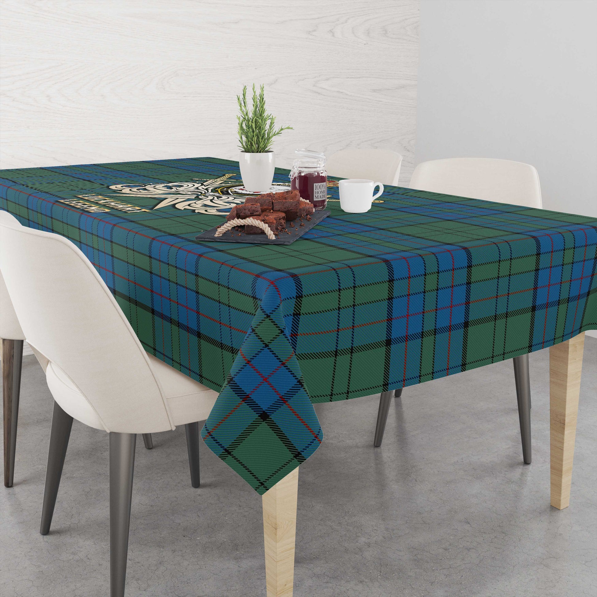 Lockhart Tartan Tablecloth with Clan Crest and the Golden Sword of Courageous Legacy - Tartan Vibes Clothing