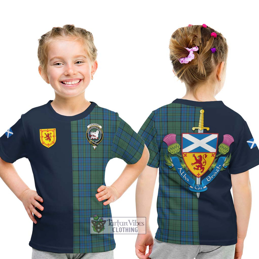Lockhart Tartan Kid T-Shirt Alba with Scottish Lion Royal Arm Half Style - Tartan Vibes Clothing