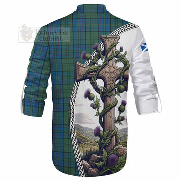 Lockhart Tartan Ghillie Kilt Shirt with Family Crest and St. Andrew's Cross Accented by Thistle Vines - Tartan Vibes Clothing