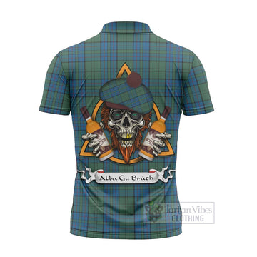 Lockhart Tartan Zipper Polo Shirt with Family Crest and Bearded Skull Holding Bottles of Whiskey - Tartan Vibes Clothing