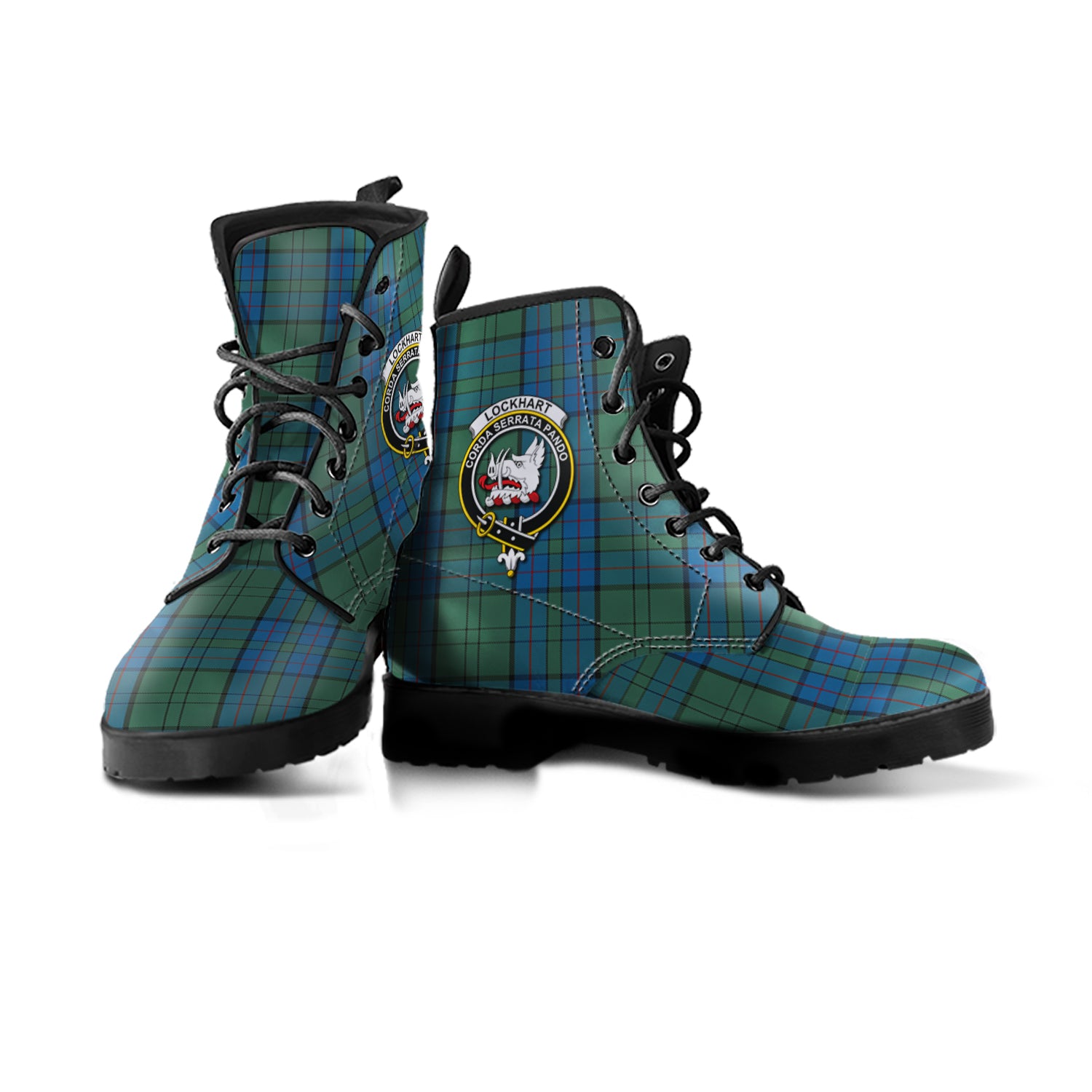 Lockhart Tartan Leather Boots with Family Crest - Tartan Vibes Clothing
