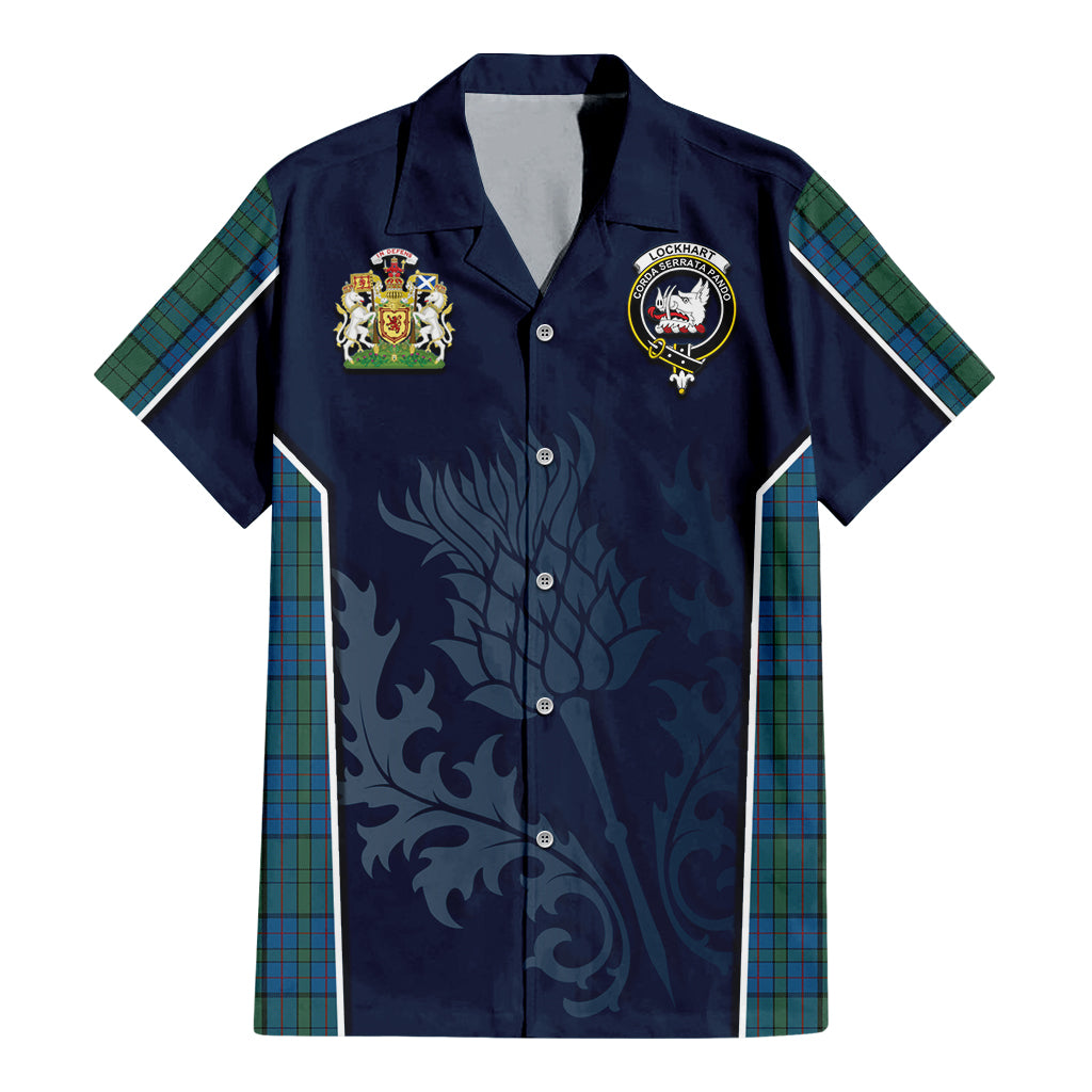 Lockhart Tartan Hawaiian Shirt with Family Crest and Scottish Thistle Vibes Sport Style - Tartan Vibes Clothing