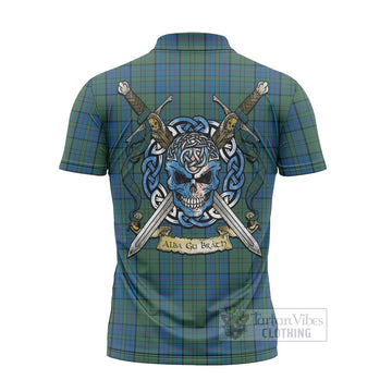 Lockhart Tartan Zipper Polo Shirt with Family Crest Celtic Skull Style - Tartan Vibes Clothing