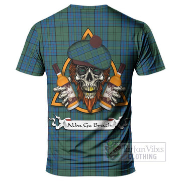 Lockhart Tartan T-Shirt with Family Crest and Bearded Skull Holding Bottles of Whiskey