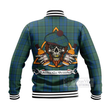 Lockhart Tartan Baseball Jacket with Family Crest and Bearded Skull Holding Bottles of Whiskey - Tartan Vibes Clothing