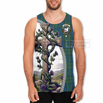 Lockhart Tartan Men's Tank Top with Family Crest and St. Andrew's Cross Accented by Thistle Vines - Tartan Vibes Clothing