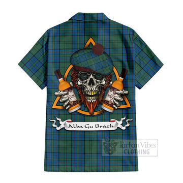 Lockhart Tartan Hawaiian Shirt with Family Crest and Bearded Skull Holding Bottles of Whiskey - Tartan Vibes Clothing