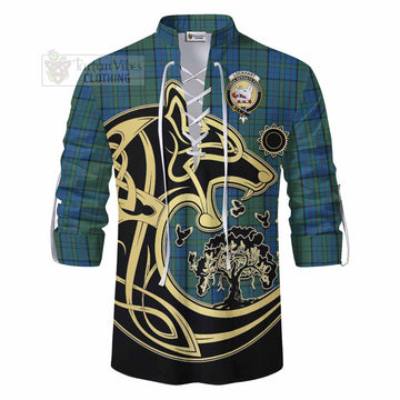 Lockhart Tartan Ghillie Kilt Shirt with Family Crest Celtic Wolf Style - Tartan Vibes Clothing