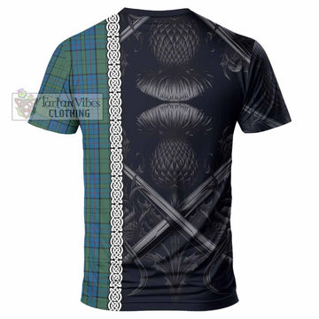 Lockhart Tartan T-Shirt with Family Crest Cross Sword Thistle Celtic Vibes