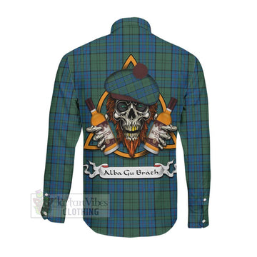 Lockhart Tartan Long Sleeve Button Shirt with Family Crest and Bearded Skull Holding Bottles of Whiskey Men's Shirt - Tartan Vibes Clothing