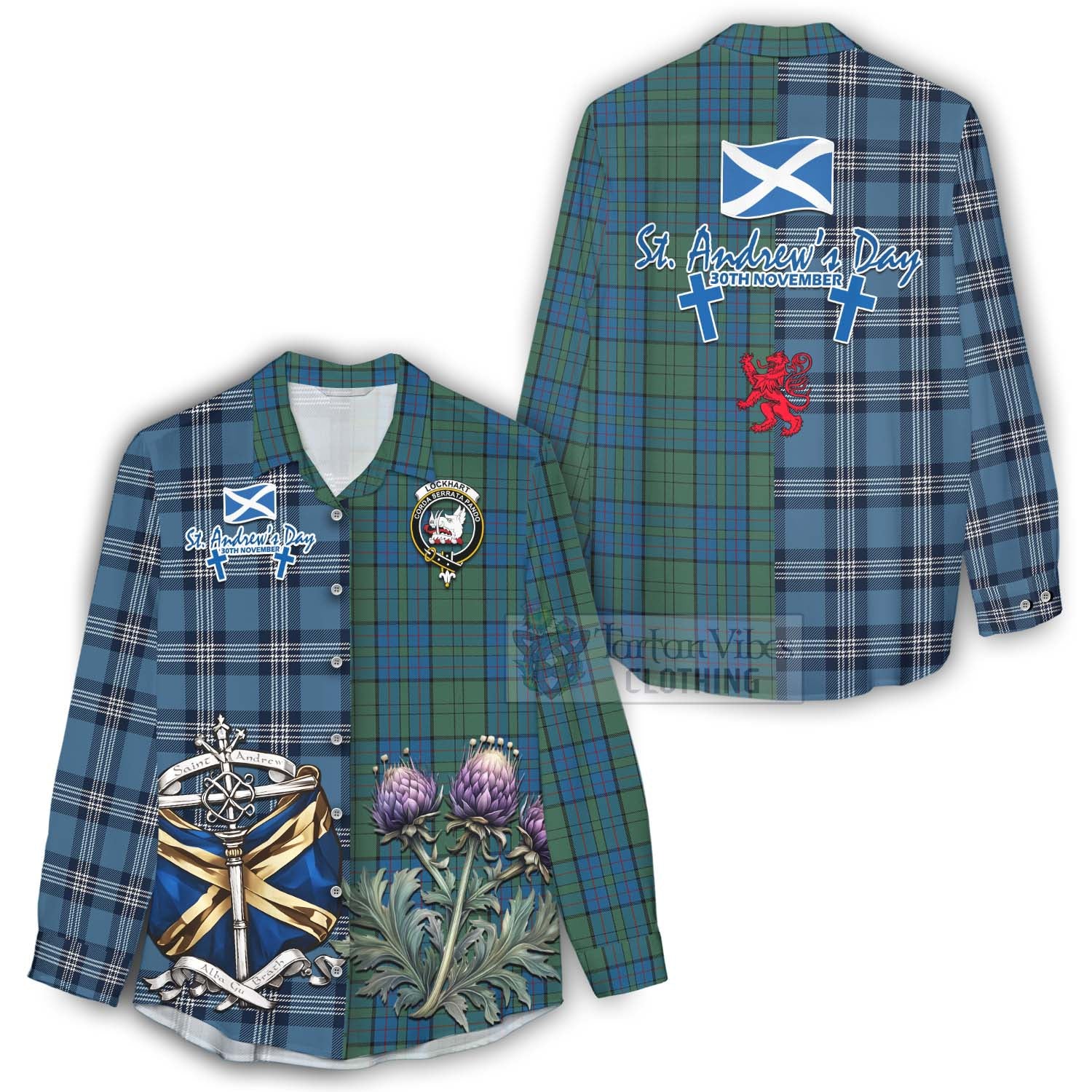Lockhart Tartan Women's Casual Shirt Happy St. Andrew's Day Half Tartan Style - Tartan Vibes Clothing