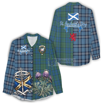 Lockhart Tartan Women's Casual Shirt Happy St. Andrew's Day Half Tartan Style - Tartan Vibes Clothing