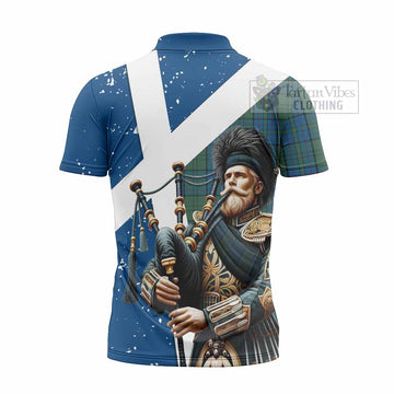 Lockhart Tartan Zipper Polo Shirt with Family Crest Scottish Bagpiper Vibes - Tartan Vibes Clothing