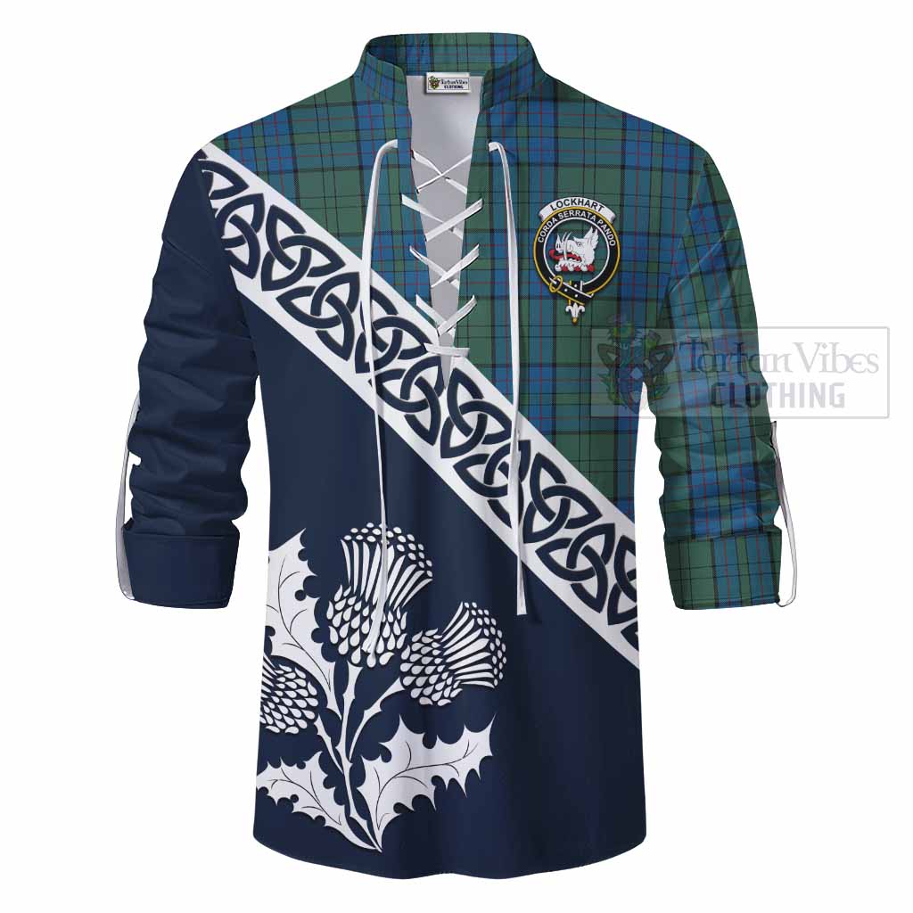Lockhart Tartan Ghillie Kilt Shirt Featuring Thistle and Scotland Map - Tartan Vibes Clothing