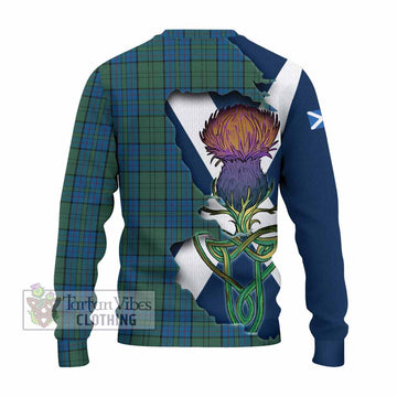 Tartan Vibes Clothing Lockhart Tartan Family Crest Knitted Sweater Scottish Thistle Celtic Inspired