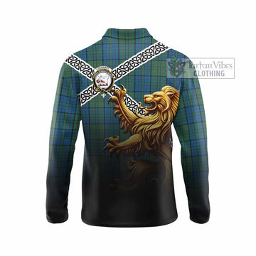 Lockhart Crest Tartan Long Sleeve Polo Shirt with Golden Lion Emblem Celtic Style - Tartan Vibes Clothing