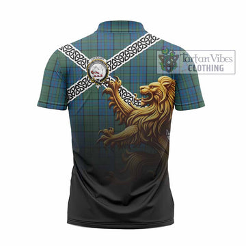 Lockhart Crest Tartan Zipper Polo Shirt with Golden Lion Emblem Celtic Style - Tartan Vibes Clothing
