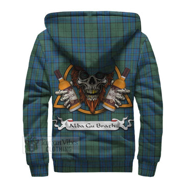 Lockhart Tartan Sherpa Hoodie with Family Crest and Bearded Skull Holding Bottles of Whiskey - Tartan Vibes Clothing