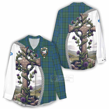 Lockhart Tartan Women's Casual Shirt with Family Crest and St. Andrew's Cross Accented by Thistle Vines - Tartan Vibes Clothing