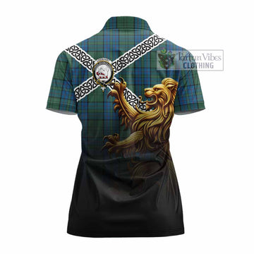 Lockhart Crest Tartan Women's Polo Shirt with Golden Lion Emblem Celtic Style - Tartan Vibes Clothing