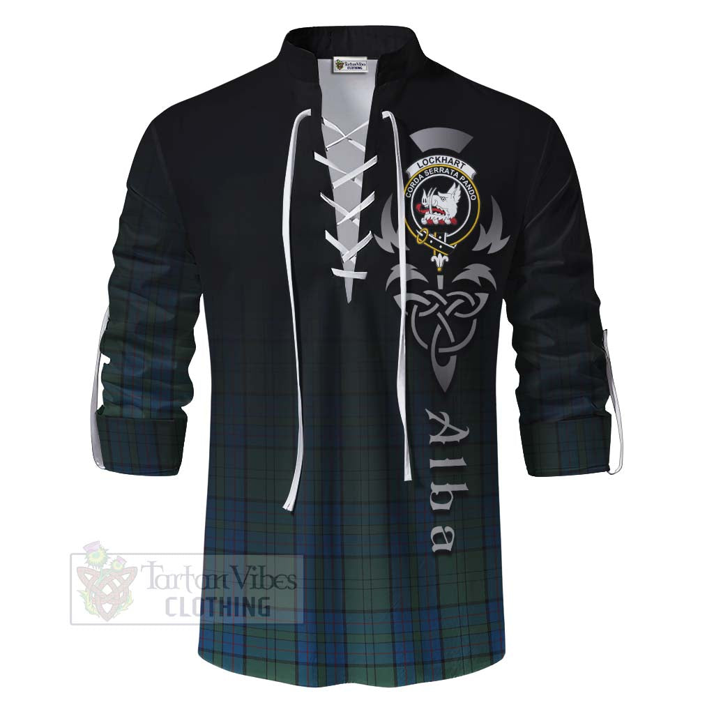 Tartan Vibes Clothing Lockhart Tartan Ghillie Kilt Shirt Featuring Alba Gu Brath Family Crest Celtic Inspired