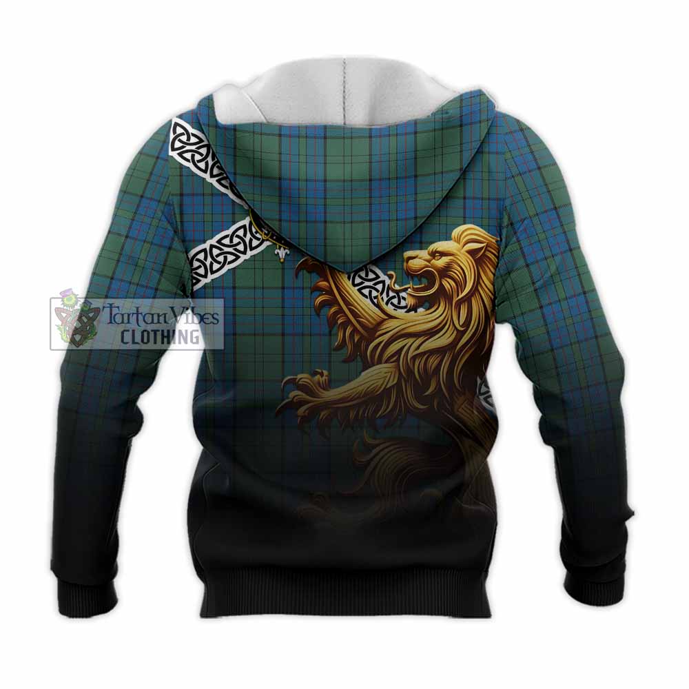 Lockhart Crest Tartan Knitted Hoodie with Golden Lion Emblem Celtic Style - Tartan Vibes Clothing
