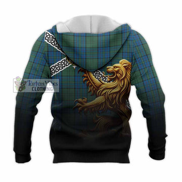 Tartan Vibes Clothing Lockhart Crest Tartan Knitted Hoodie with Golden Lion Emblem Celtic Style