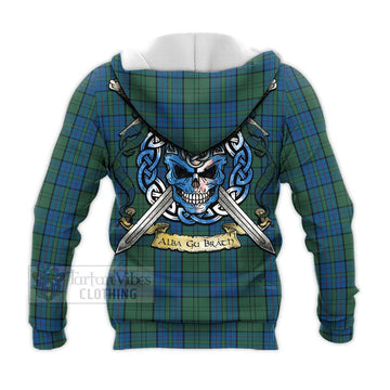Lockhart Tartan Knitted Hoodie with Family Crest Celtic Skull Style - Tartan Vibes Clothing