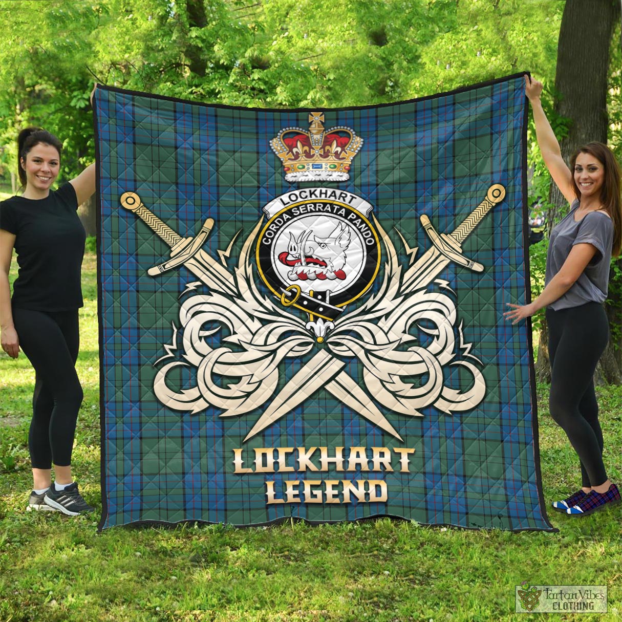 Tartan Vibes Clothing Lockhart Tartan Quilt with Clan Crest and the Golden Sword of Courageous Legacy