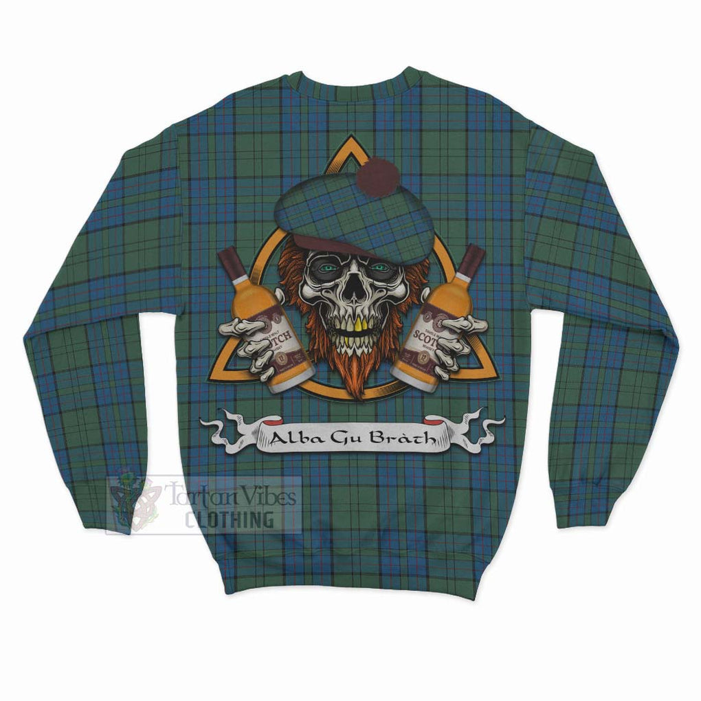 Lockhart Tartan Sweatshirt with Family Crest and Bearded Skull Holding Bottles of Whiskey - Tartan Vibes Clothing